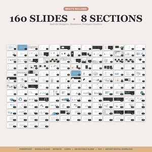 May include: A digital presentation template with 160 slides and 8 sections. The slides are designed for designers, illustrators, and freelance creatives. The template includes PowerPoint, Google Slides, Keynote, and Canva formats.