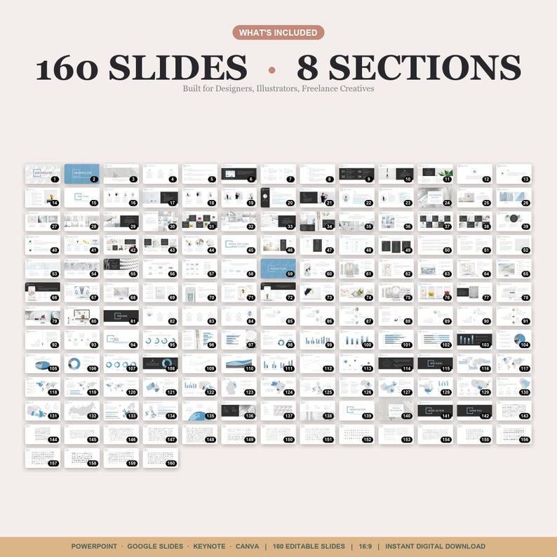 May include: A digital presentation template with 160 slides and 8 sections. The slides are designed for designers, illustrators, and freelance creatives. The template includes PowerPoint, Google Slides, Keynote, and Canva formats.