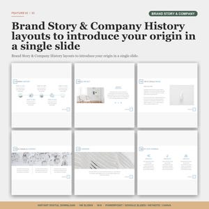 May include: A digital presentation template with layouts for brand story and company history. The design features a clean, minimalist aesthetic with a light color palette and various slide layouts, including image and text combinations. The text reads "Brand Story & Company History layouts to introduce your origin in a single slide."