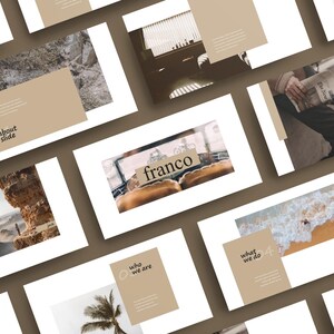 May include: A presentation slide deck with a brown and white colour scheme. The slides feature images of a desert landscape, a car interior, a person reading a newspaper, a beach scene, and a palm tree. The text on the slides includes "franco", "about slide", "who we are", "what we do", and "come here".