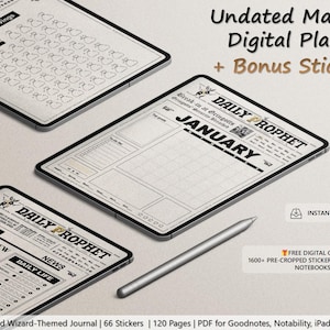 Può includere: Un planner digitale a tema giornale, con un design a tema magico. Il planner è non datato e include 120 pagine, 66 adesivi ed è compatibile con Goodnotes, Notability, iPad e tablet. Il planner è mostrato sullo schermo di un tablet con uno stilo nelle vicinanze.