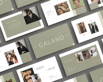May include: A presentation template with a green background and white text. The text says "GALAND - Portfolio". The template features images of people and text about the company.