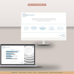 May include: A computer monitor and laptop displaying a presentation. The monitor shows "Our Best Clients" with logos. The laptop displays a bar graph labeled "Graphic Chart". The image includes the text "See it in your workflow".