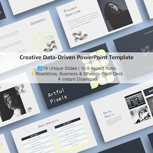 Puede incluir: Una plantilla de PowerPoint con un esquema de color azul, amarillo y gris. La plantilla presenta un diseño geométrico con círculos y cuadrados. El texto "Creative Data-Driven PowerPoint Template" se muestra en el centro de la imagen. El texto "19 Unique Slides | 16:9 Aspect Ratio" se muestra debajo del título. El texto "Roadshow, Business & Strategy Pitch Deck" se muestra debajo de la relación de aspecto. El texto "Instant Download" se muestra debajo del pitch deck.