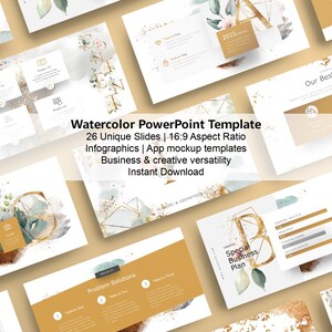 Könnte beinhalten: Eine Aquarell-PowerPoint-Vorlage mit 26 einzigartigen Folien im 16:9-Format. Die Vorlage verfügt über goldene Akzente, Aquarellelemente und eine Vielzahl von Layouts für Infografiken, App-Mockups und Business-Präsentationen. Der Text "Aquarell-PowerPoint-Vorlage" wird oben im Bild in großer Schrift angezeigt.
