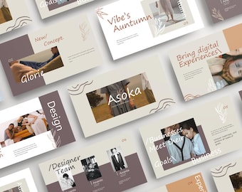 May include: A collection of presentation slides with a neutral color palette. Each slide features text and images, with titles like "New Concept," "Vibe's Auntumn," and "Asoka." The design incorporates organic shapes and a minimalist aesthetic, suitable for business or design presentations.