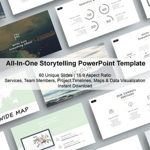 May include: A PowerPoint template with multiple slides. The title "All-In-One Storytelling PowerPoint Template" is displayed. The slides include text and graphics for data visualization, project timelines, and team member information. The template offers 60 unique slides with a 16:9 aspect ratio.