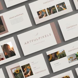 May include: A presentation template with the title "Artful Pixels" in a light brown font on a beige background. The template features images of sunflowers, a woman, and a person holding a sunflower.