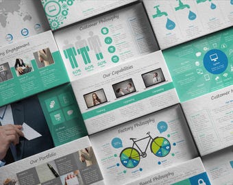 May include: A presentation slide deck with a green and white color scheme. The slides feature various charts, graphs, and icons related to business strategy, customer engagement, and company philosophy.