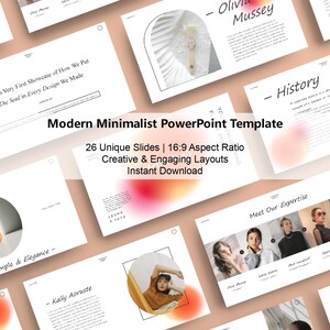 Peut inclure: Un modèle de présentation PowerPoint moderne et minimaliste avec 26 diapositives uniques, un ratio d'aspect 16:9, des mises en page créatives et engageantes et un téléchargement instantané. Le modèle présente un fond blanc avec des superpositions de dégradés rose et orange.