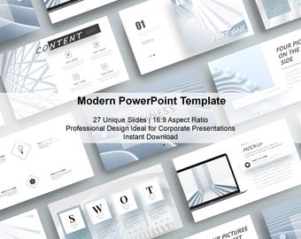May include: A collection of modern PowerPoint presentation slides in shades of white and light blue. The slides feature geometric designs and text, including "CONTENT", "Intro", and "Modern PowerPoint Template". The presentation includes 27 unique slides.