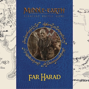 May include: A blue game box for the Middle-earth Strategy Battle Game, featuring an image of a character in a circular frame. The text "FAR HARAD" is displayed in gold at the bottom. The background includes a map of Middle-earth.