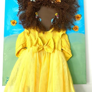 Black Girl Wall Art - Boho Wall Decor - African & African American Urban Art - Natural Afro Hair - Sunflower Mixed Media Art 20x24 Canvas