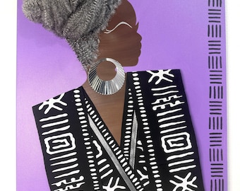 Black Woman Textured Afro Hair 3D Hand-Crafted Mixed Media Canvas Art: Boho Wall Décor 20x24 Canvas