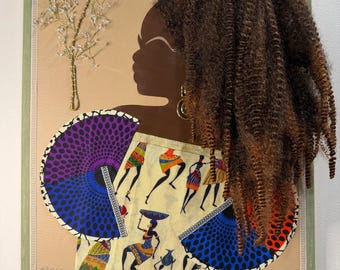 Black Woman Textured Afro Hair 3D Hand-Crafted Mixed Media Canvas Art: Boho Wall Décor 20x24 Canvas