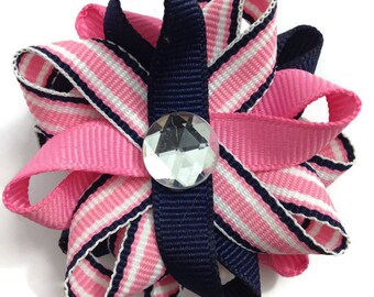 Navy Blue & Hot Pink Stripe Hair Bows, Handmade Hair Bows, No Slip Hair Bows, Hair Accessories, Girls Accessories, Gifts for Her