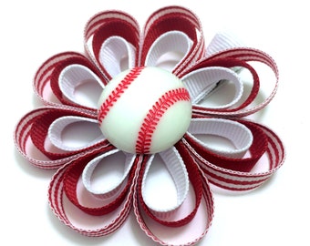 Red & White Baseball Hair Bows, Ribbon Sculpture Bow, Handmade Hair Bows, Sports Hair Bows, Stripe Hair Bows, No Slip Hair Bows, Accessories