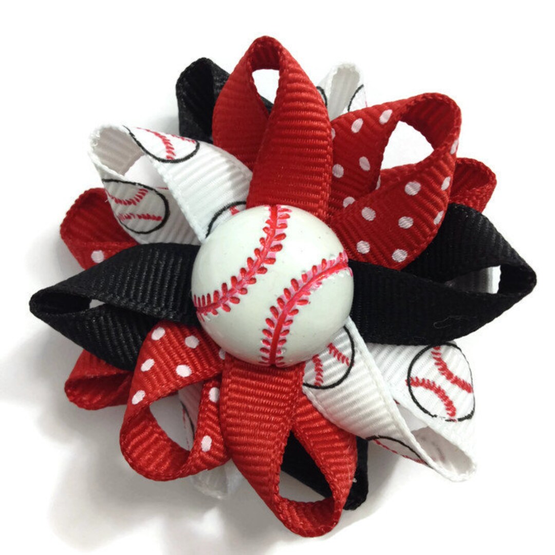 Red Black Baseball Hair Bows, Sports Hair Bows, Handmade Hair Bows