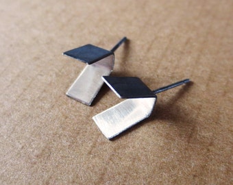 Folded Strip Silver Post Earrings - Black