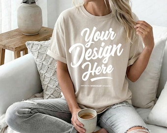 Comfort Colors 1717 Ivory T-Shirt Mockup | CC1717 Ivory Mock-up | Oversized Cozy Coffee Boho Aesthetic