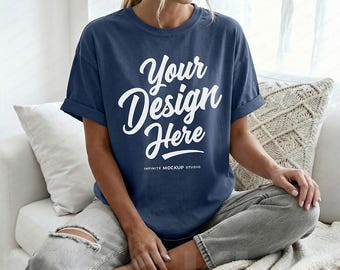 Comfort Colors 1717 Denim T-Shirt Mockup | CC1717 Oversized Denim Front Shirt Mock-up | Cozy Trendy Lifestyle Tee