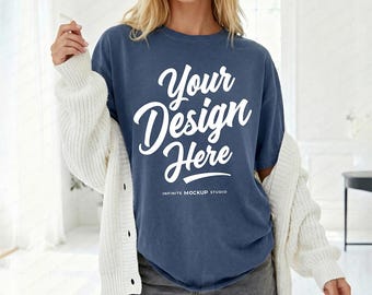 Comfort Colors 1717 Denim T-Shirt Mockup | CC1717 Oversized Blue, Denim Tee | Untucked Cozy Shirt