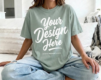 Comfort Colors 1717 Bay T-Shirt Mockup | CC1717 Front Oversized Bay Shirt Mock-up | Cozy Simple Tee Lifestyle