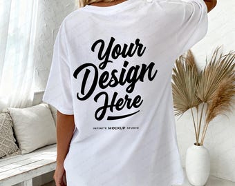 Comfort Colors 1717 White T-Shirt Back Mockup | CC1717 White Oversized Shirt | Cozy Boho Lifestyle