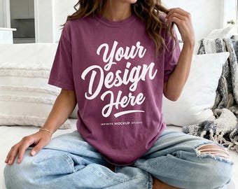 Comfort Colors 1717 Berry T-Shirt Mockup | CC1717 Front Oversized Berry Shirt Mock-up | Cozy Simple Tee Lifestyle