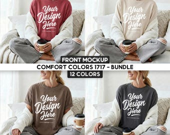 Comfort Colors 1717 Front T-Shirt Mockup Bundle | CC1717 in Pepper, Ivory, Espresso, Denim, Crimson | Cozy Boho Coffee Lifestyle | 12 Colors