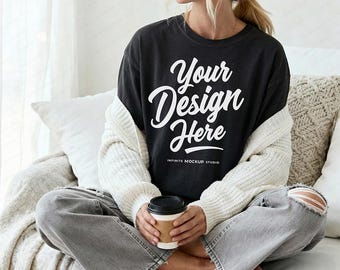 Comfort Colors 1717 Black T-Shirt Front Mockup | CC1717 Oversized Black Shirt Mock-up | Cozy Coffee Trending Boho Lifestyle