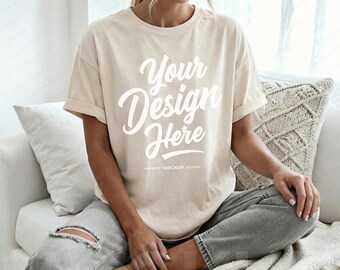 Comfort Colors 1717 Ivory T-Shirt Front Mockup | CC1717 Oversized Ivory Shirt Mock-up | Cozy Trending Boho Lifestyle Aesthetic