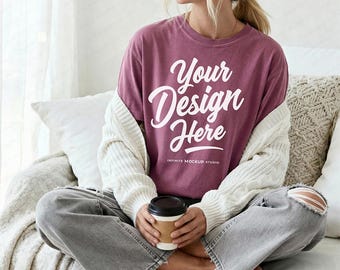 Comfort Colors 1717 Berry T-Shirt Front Mockup | CC1717 Oversized Berry Shirt Mock-up | Cozy Coffee Trending Boho Lifestyle