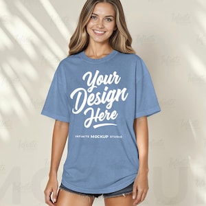 Comfort Colors C1717 Blue Jean T-Shirt Mockup | CC1717 Blue jean Shirt Mockup | Neutral Minimalist Aesthetic | Trendy Lifestyle Summer Mock