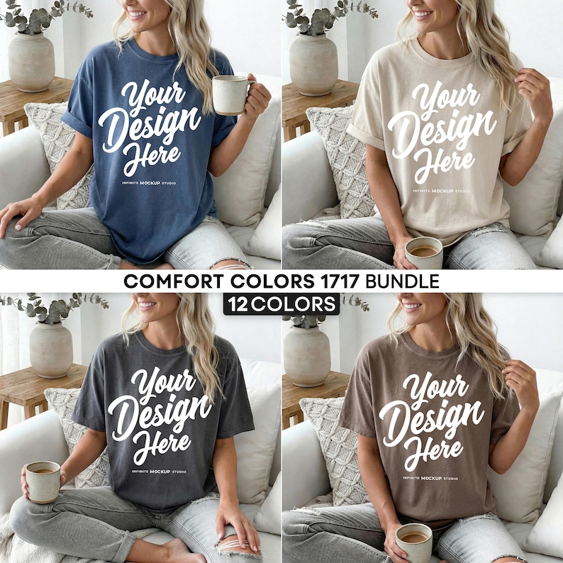 May include: A collection of four t-shirts in different colors: navy blue, beige, charcoal gray, and brown. Each shirt has the text "Your Design Here" in a white script font. The image also includes the text "COMFORT COLORS 1717 BUNDLE" and "12 COLORS".