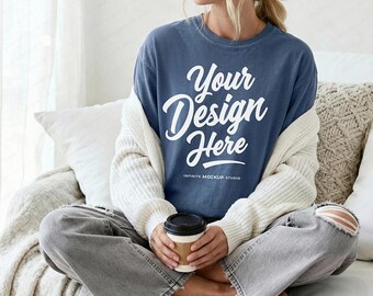 Comfort Colors 1717 Denim T-Shirt Mockup | CC1717 Blue Shirt Mock-up | Oversized Cozy Coffee Boho Aesthetic