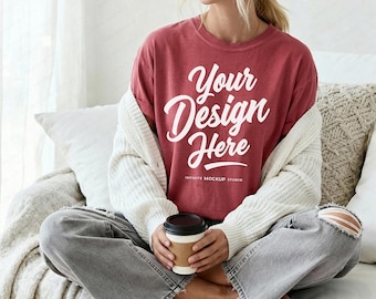 Comfort Colors 1717 Crimson T-Shirt Front Mockup | CC1717 Oversized Crimson Shirt Mock-up | Cozy Coffee Trending Boho Lifestyle
