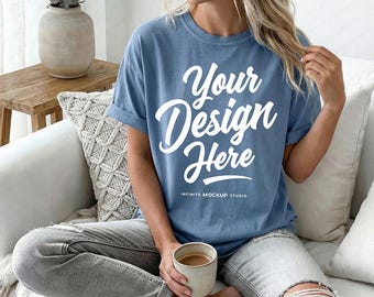 Comfort Colors 1717 Blue Jean T-Shirt Mockup | CC1717 Blue Shirt Mock-up | Oversized Cozy Coffee Boho Aesthetic