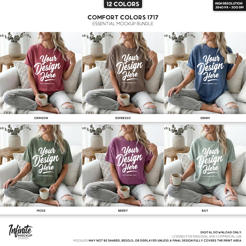 May include: A mockup bundle showcasing Comfort Colors 1717 t-shirts in various colors, including crimson, espresso, denim, moss, berry, and bay. Each shirt features the text "Your Design Here" in a white, stylized font. The image is labeled "12 Colors" and "Essential Mockup Bundle."
