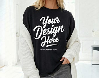 Comfort Colors 1717 Black T-Shirt Mockup | CC1717 Oversized Black Tee | Untucked Cozy Shirt
