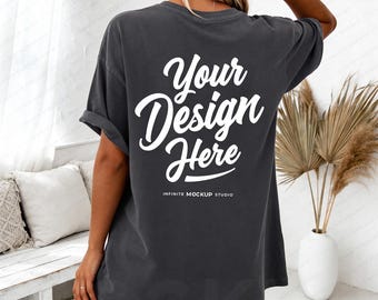Comfort Colors 1717 Pepper Shirt Back Mockup | Back of CC1717 Pepper, Washed Grey T-Shirt Back-View Mockup | Cozy Boho POD Mock