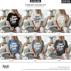 May include: A mockup bundle showcasing Comfort Colors 1717 t-shirts in various colors: black, white, ivory, blue jean, grey, and pepper. Each shirt displays the text "Your Design Here". The image includes the text "12 COLORS" and "ESSENTIAL MOCKUP BUNDLE".
