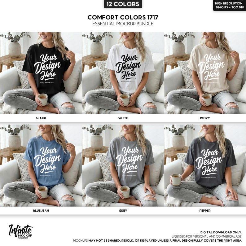 May include: A mockup bundle showcasing Comfort Colors 1717 t-shirts in various colors: black, white, ivory, blue jean, grey, and pepper. Each shirt displays the text "Your Design Here". The image includes the text "12 COLORS" and "ESSENTIAL MOCKUP BUNDLE".