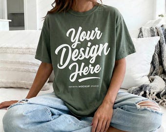 Comfort Colors CC1717 Moss T-Shirt Mockup | C1717 Green Moss Oversized Shirt | Cozy Simple Tee Lifestyle