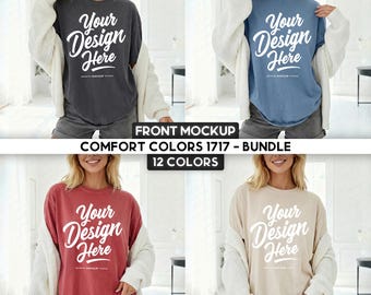 Comfort Colors 1717 T-Shirt Mockup Bundle | CC1717 Front Shirts in Ivory, Pepper, Denim, Crimson, Blue | 12 Colors | Cozy Trendy Lifestyle