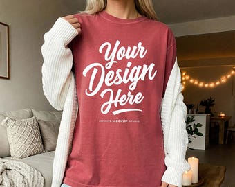 Comfort Colors 1717 Crimson T-Shirt Mockup | CC1717 Red Shirt Mockup | Cozy Simple Lifestyle