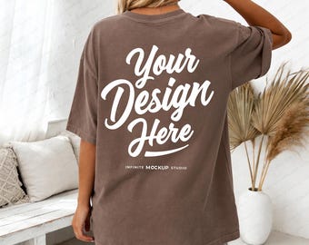 Comfort Colors 1717 Espresso Back Mockup | CC1717 Brown T-Shirt Back-View | Oversized Relaxed Fit Tee Mock-up | POD Shirt Template