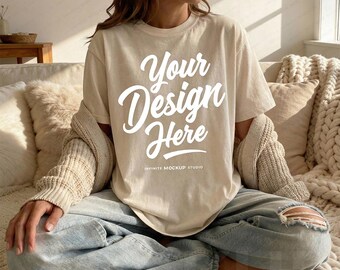 Comfort Colors 1717 Ivory T-Shirt Mockup | CC1717 Ivory Oversized Tee | Cozy POD Lifestyle