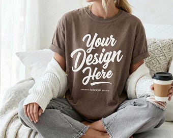 Comfort Colors 1717 Espresso T-Shirt Front Mockup | CC1717 Oversized Espresso Shirt Mock-up | Cozy Coffee Trending Boho Lifestyle