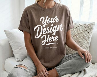 Comfort Colors 1717 Espresso T-Shirt Front Mockup | CC1717 Oversized Dark Brown Shirt Mock-up | Cozy Trending Boho Lifestyle